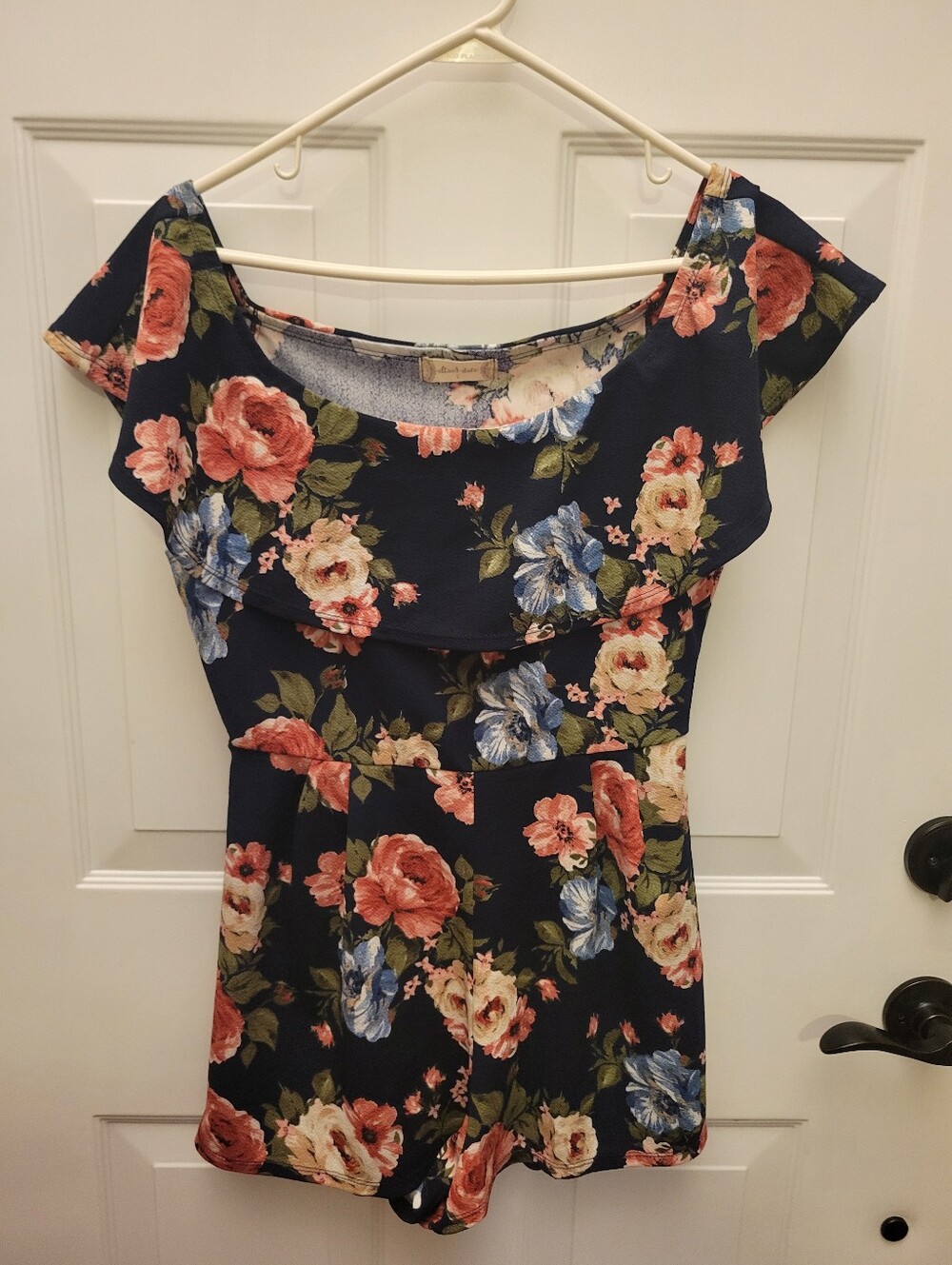 Black Floral Off-Shoulder Romper with Pink & Blue Roses